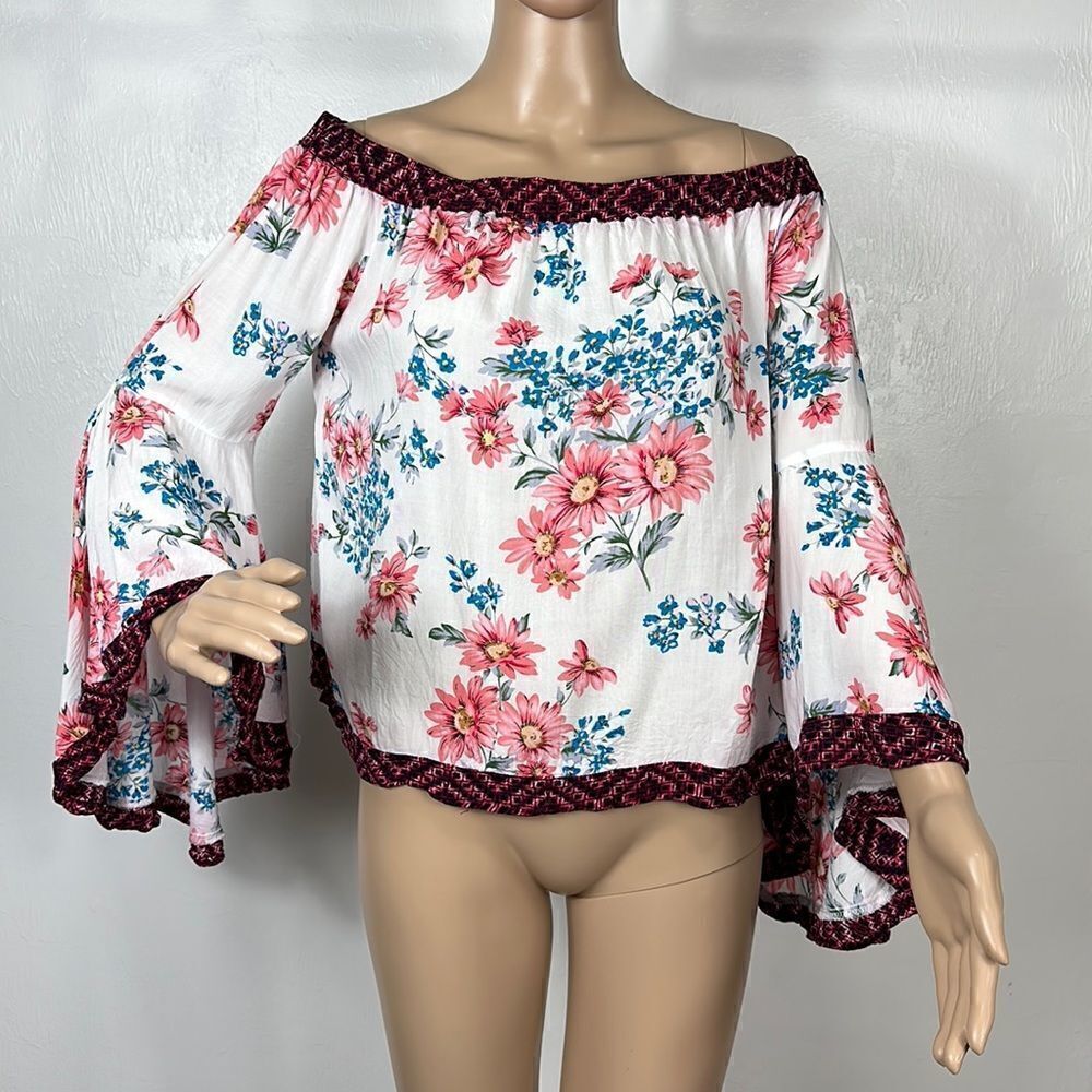 Umgee Floral Cotton Blend Off The Shoulder Boho Top Blouse Size L